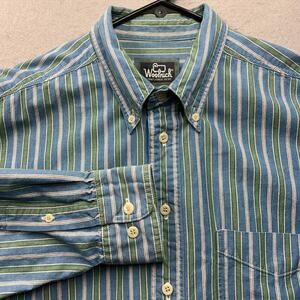 Woolrich Large Blue Green Striped Button Down Shirt Long Sleeve Men VTG Look